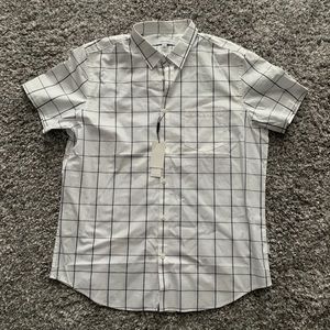 NWT Calvin Klein White Grid Plaid Checkered Short sleeve button up